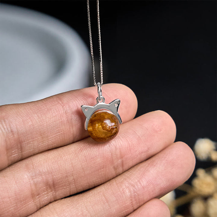 Buddha Stones Halskette mit Anhänger aus 925er Sterlingsilber mit natürlichem Einschlussquarz, gelbe Blume, Quarz, Katze, Reichtum - image 4