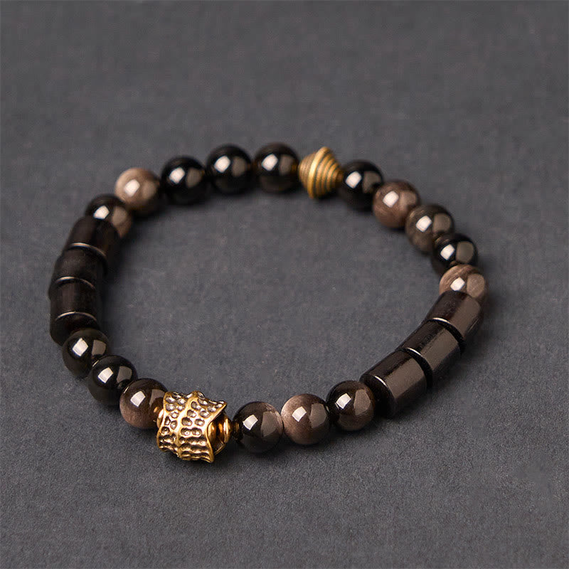Buddha Stones Silberglanz Obsidian Ebenholz Schutzarmband - Silberglänzender Obsidian und Ebenholz (Handgelenkumfang: 18–20 cm) - image 0