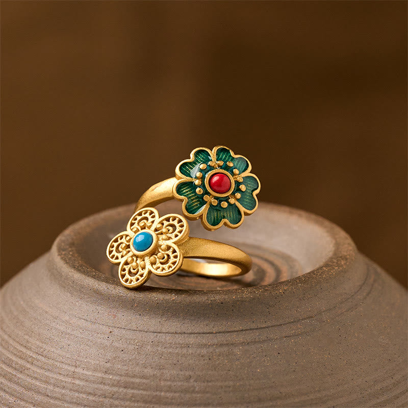 Buddha Stones Doppelblüten Kupfer Tropfen Türkis Reichtum Ring - Kupferblütenblätter - image 0