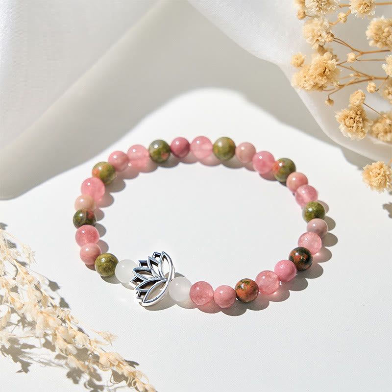 Buddha Stones Rhodonit Unakit Perlen Lotus Heilung Armband - Rhodonit und Unakit (Handgelenkumfang: 15–17 cm) - image 0