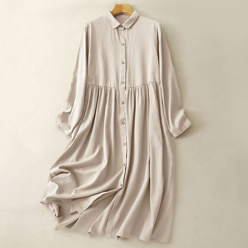 Buddha Stones Commute – Langärmliges Midikleid aus reiner Baumwolle mit Knopfdesign und Revers - Blasse Goldrute - US8-10， UK/AU12-14，EU40-42 (2XL) - image 0