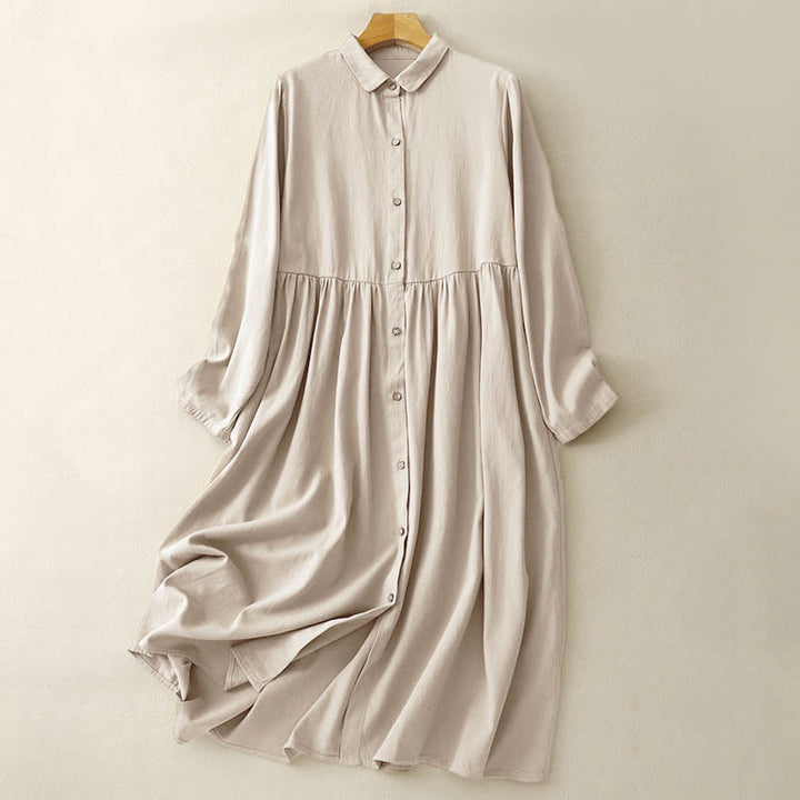 Buddha Stones Commute – Langärmliges Midikleid aus reiner Baumwolle mit Knopfdesign und Revers - Blasse Goldrute - US8-10， UK/AU12-14，EU40-42 (2XL) - image 0