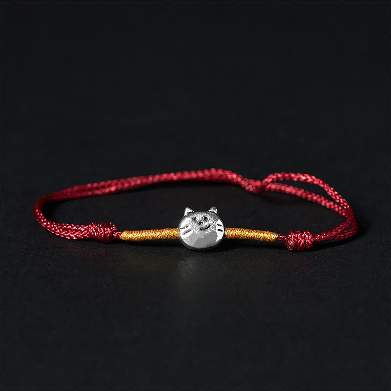 Buddha Stones 925 Sterling Silber süße Katze rote Schnur geflochtenes Armband - Goldrote Schnur (Handgelenkumfang 14-18 cm) - image 0