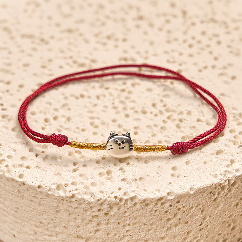 Buddha Stones 925 Sterling Silber süße Katze rote Schnur geflochtenes Armband - image 1