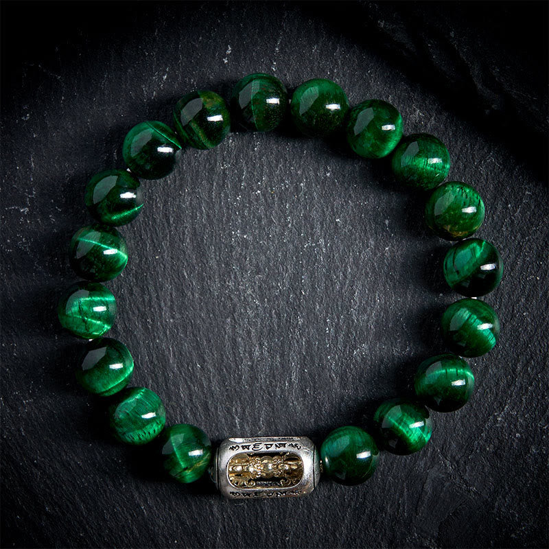Buddha Stones, natürliches grünes Tigerauge, Om Mani Padme Hum, positives Kraftarmband - image 1
