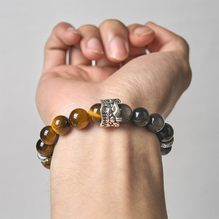Buddha Stones ​​Tigerauge Silberglanz Obsidian Om Mani Padme Hum Pferd PiXiu Tier Mut Armband - image 4