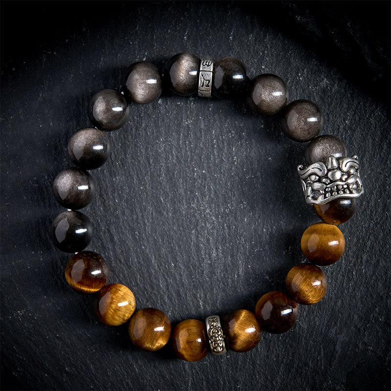 Buddha Stones ​​Tigerauge Silberglanz Obsidian Om Mani Padme Hum Pferd PiXiu Tier Mut Armband - image 2