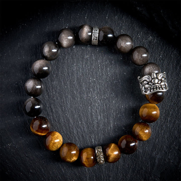Buddha Stones ​​Tigerauge Silberglanz Obsidian Om Mani Padme Hum Pferd PiXiu Tier Mut Armband - image 2