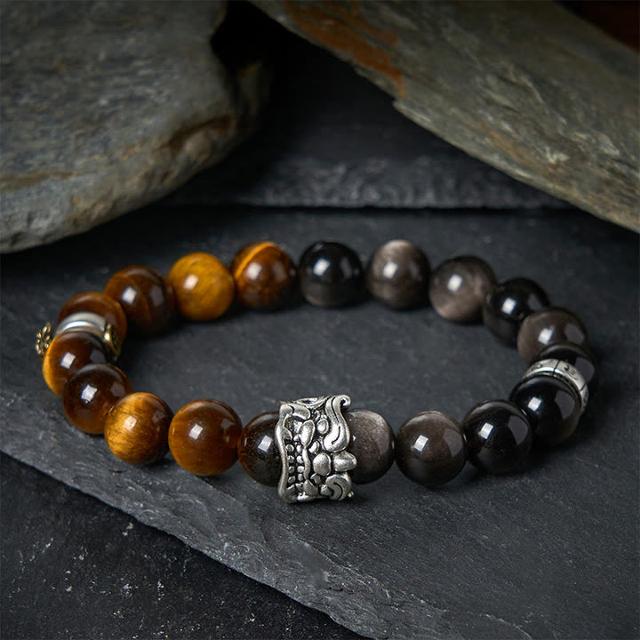 Buddha Stones ​​Tigerauge Silberglanz Obsidian Om Mani Padme Hum Pferd PiXiu Tier Mut Armband - image 1