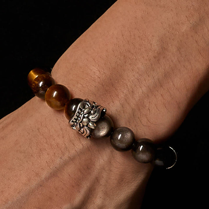 Buddha Stones ​​Tigerauge Silberglanz Obsidian Om Mani Padme Hum Pferd PiXiu Tier Mut Armband - image 5