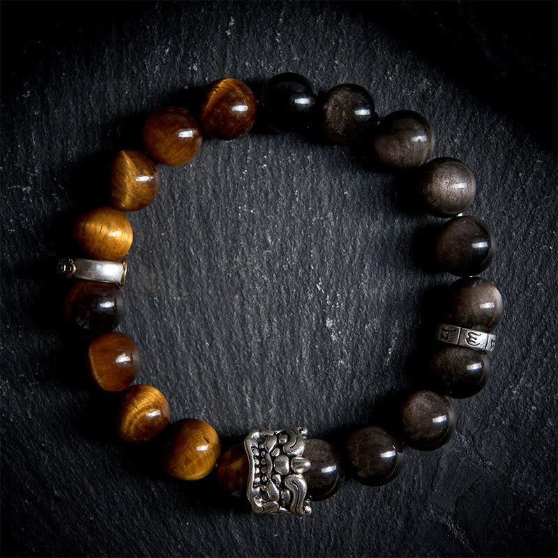 Buddha Stones ​​Tigerauge Silberglanz Obsidian Om Mani Padme Hum Pferd PiXiu Tier Mut Armband - 20 cm - image 0