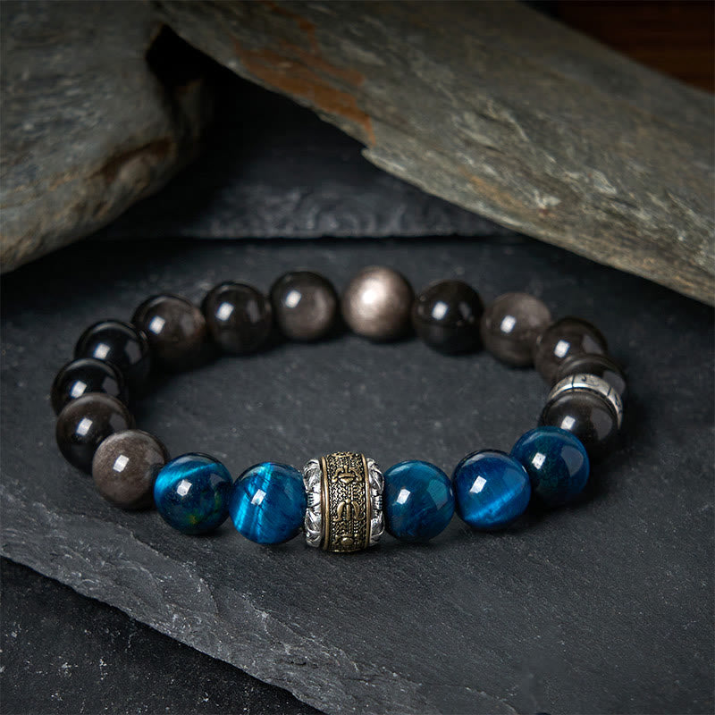 Buddha Stones Natürlicher Silberglanz Obsidian Blaues Tigerauge Om Mani Padme Hum Kommunikationsarmband - 20 cm - image 0