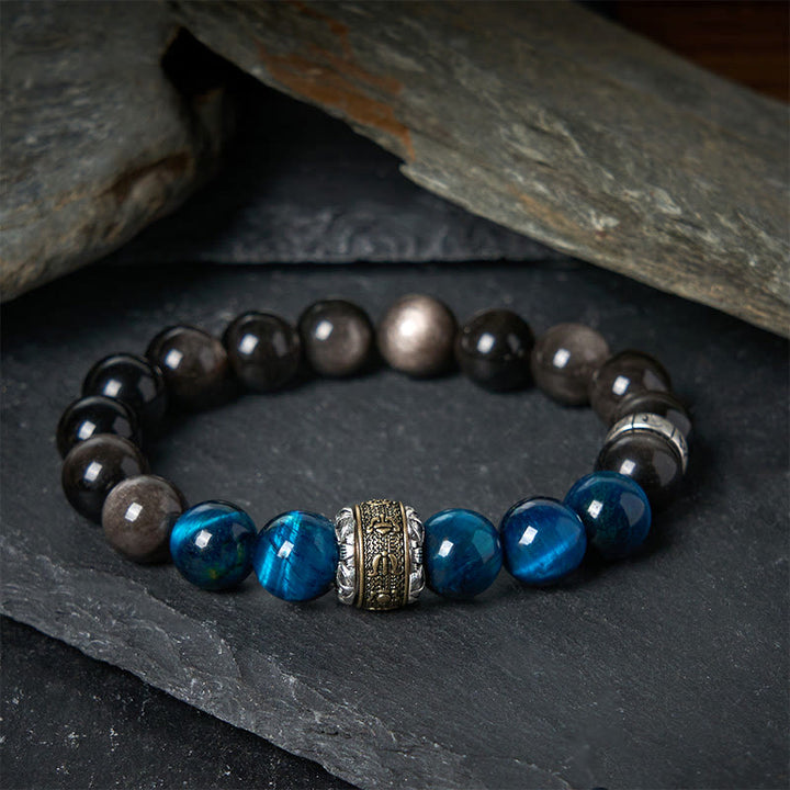Buddha Stones Natürlicher Silberglanz Obsidian Blaues Tigerauge Om Mani Padme Hum Kommunikationsarmband - 20 cm - image 0