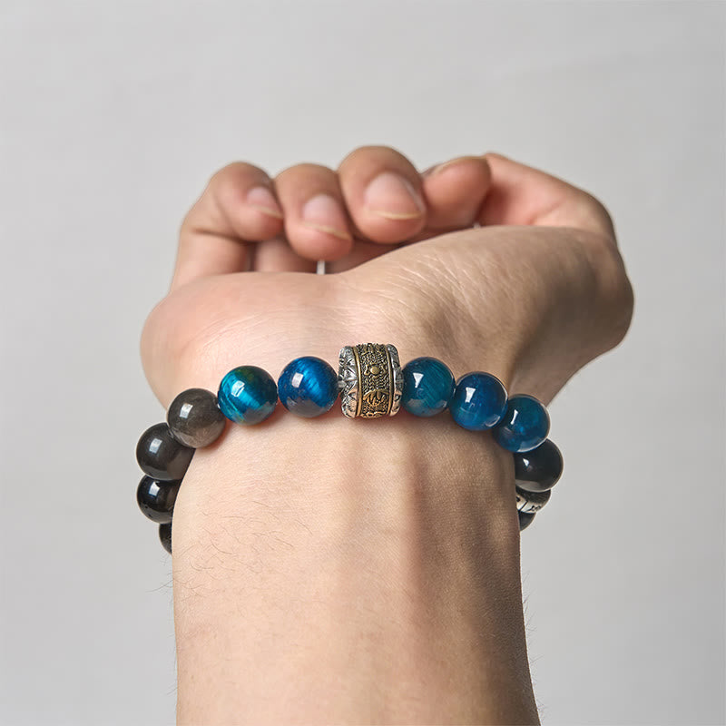 Buddha Stones Natürlicher Silberglanz Obsidian Blaues Tigerauge Om Mani Padme Hum Kommunikationsarmband - image 3