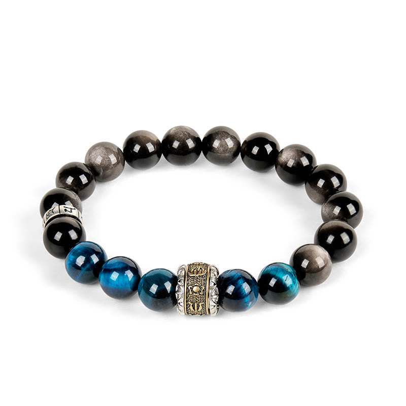 Buddha Stones Natürlicher Silberglanz Obsidian Blaues Tigerauge Om Mani Padme Hum Kommunikationsarmband - image 4