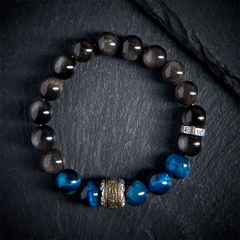 Buddha Stones Natürlicher Silberglanz Obsidian Blaues Tigerauge Om Mani Padme Hum Kommunikationsarmband - image 1