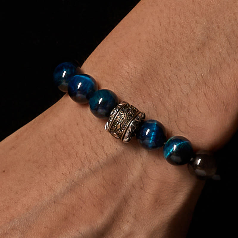 Buddha Stones Natürlicher Silberglanz Obsidian Blaues Tigerauge Om Mani Padme Hum Kommunikationsarmband - image 2