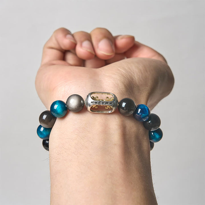 Buddha Stones, natürlicher Silberglanz, Obsidian, blaues Tigerauge, Om Mani Padme Hum, beruhigendes Armband - image 2