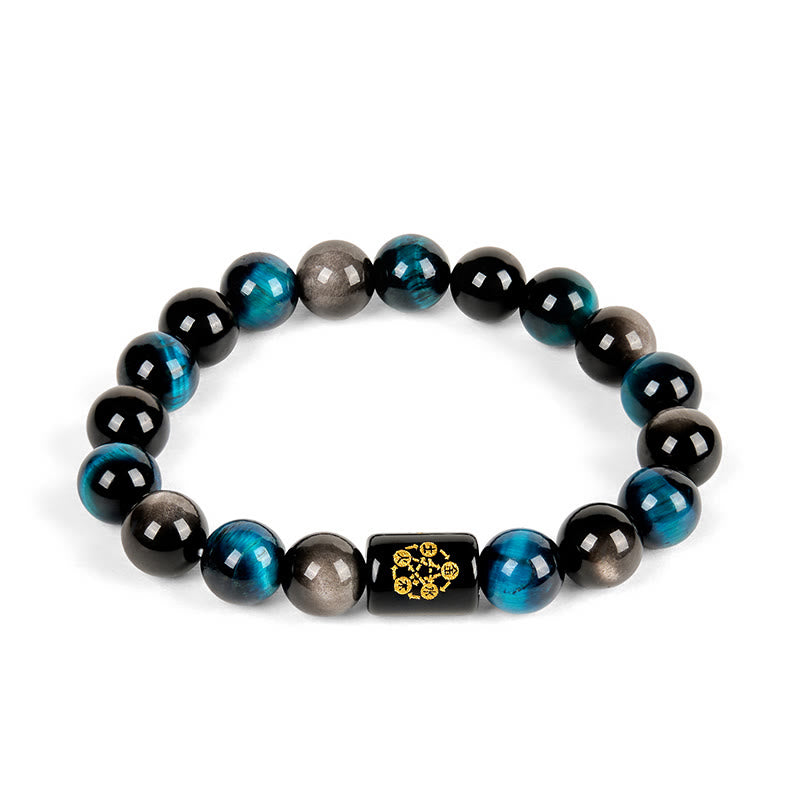 Buddha Stones Silberglanz Obsidian Blau Tigerauge Schwarz Onyx Fünf Elemente Schutzarmband - image 4