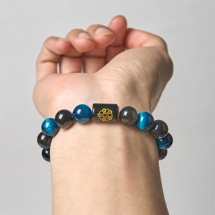 Buddha Stones Silberglanz Obsidian Blau Tigerauge Schwarz Onyx Fünf Elemente Schutzarmband - image 3