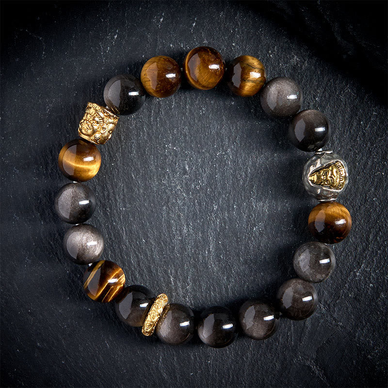 Buddha Stones Natursilber Glanz Obsidian Tigerauge Dreigesichtiger Buddha Schutzarmband - 20 cm - image 0