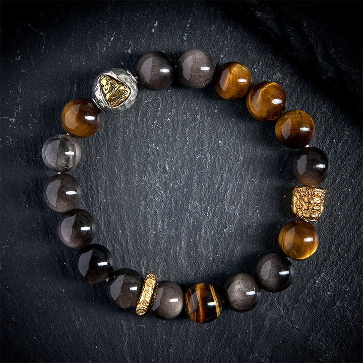 Buddha Stones Natursilber Glanz Obsidian Tigerauge Dreigesichtiger Buddha Schutzarmband - image 2