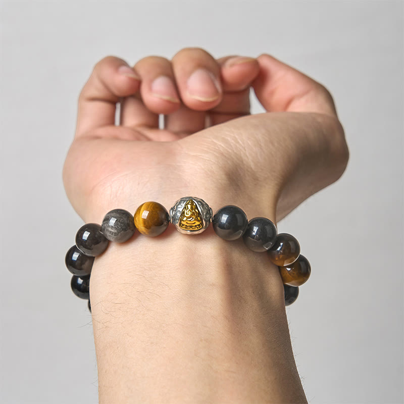 Buddha Stones Natursilber Glanz Obsidian Tigerauge Dreigesichtiger Buddha Schutzarmband - image 4