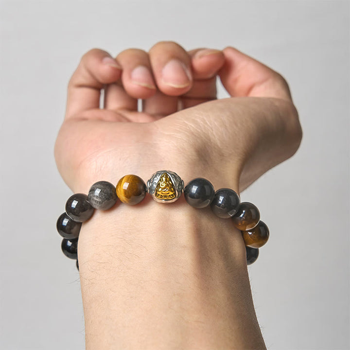 Buddha Stones Natursilber Glanz Obsidian Tigerauge Dreigesichtiger Buddha Schutzarmband - image 4