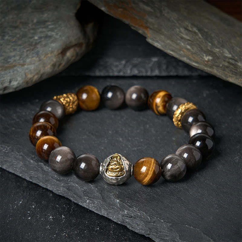 Buddha Stones Natursilber Glanz Obsidian Tigerauge Dreigesichtiger Buddha Schutzarmband - image 1