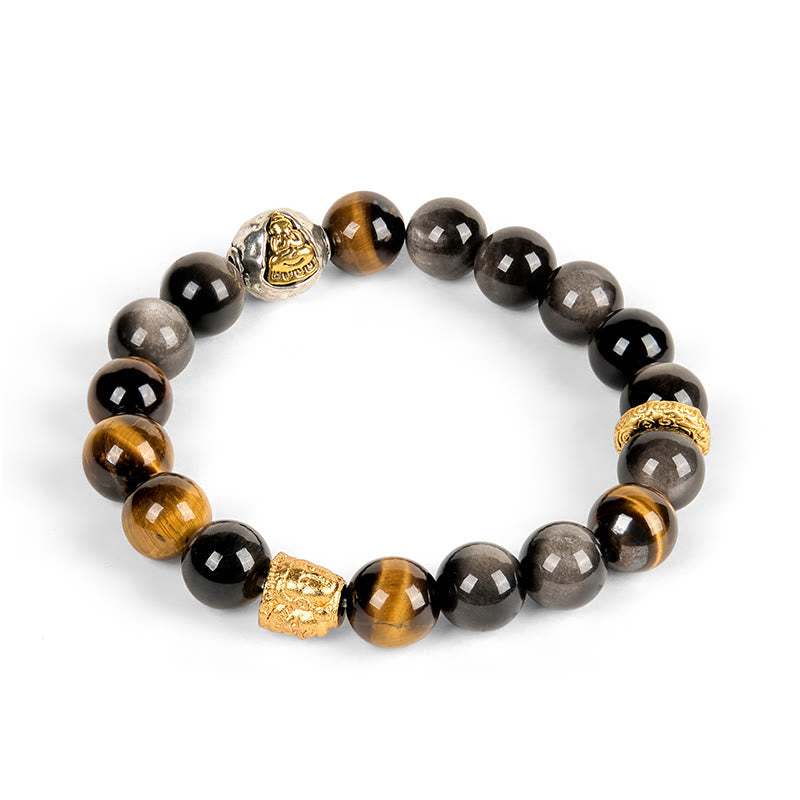 Buddha Stones Natursilber Glanz Obsidian Tigerauge Dreigesichtiger Buddha Schutzarmband - image 5