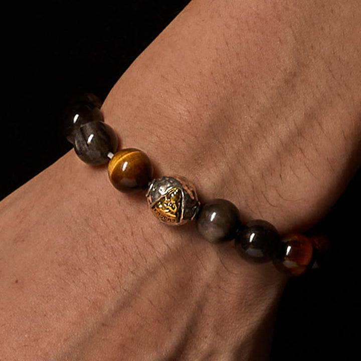 Buddha Stones Natursilber Glanz Obsidian Tigerauge Dreigesichtiger Buddha Schutzarmband - image 3