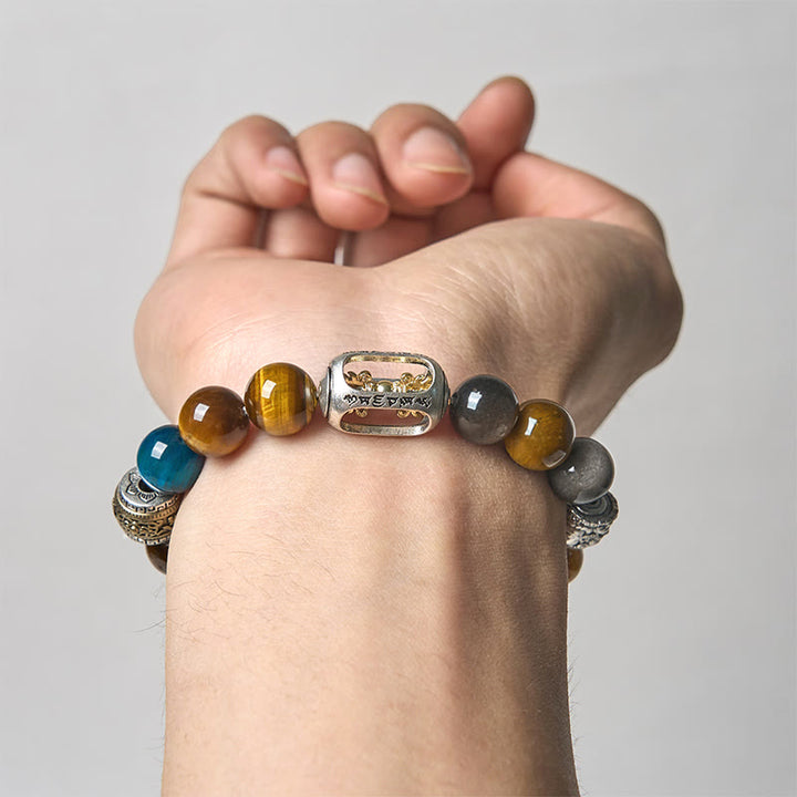 Buddha Stones, Silberglanz, Obsidian, Tigerauge, Om Mani Padme Hum, dreigesichtiger Buddha, positives Armband - image 4