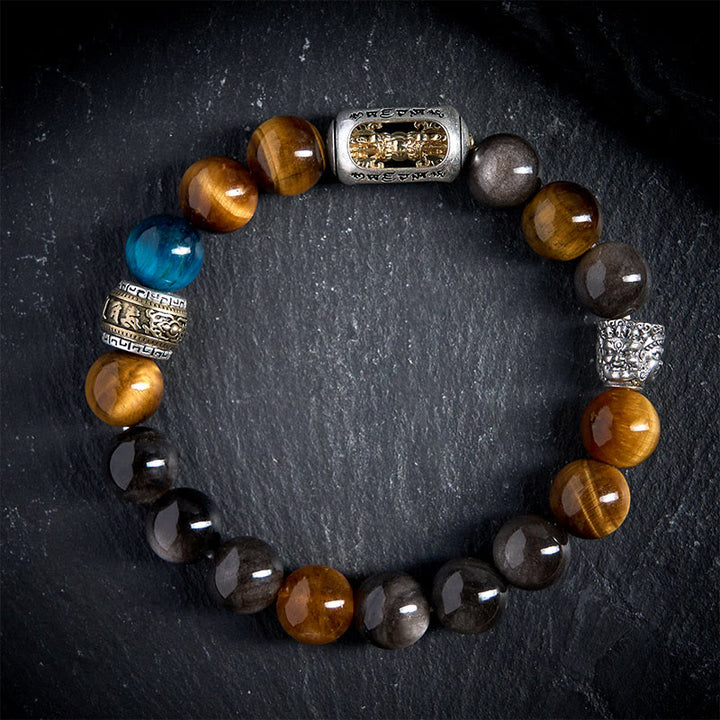 Buddha Stones, Silberglanz, Obsidian, Tigerauge, Om Mani Padme Hum, dreigesichtiger Buddha, positives Armband - image 2
