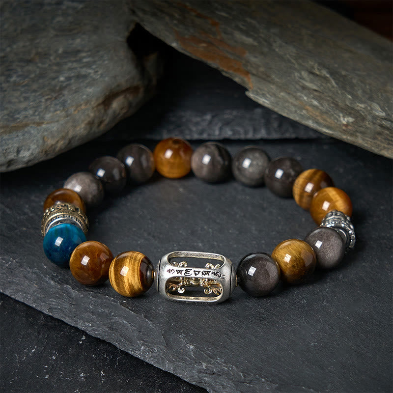 Buddha Stones, Silberglanz, Obsidian, Tigerauge, Om Mani Padme Hum, dreigesichtiger Buddha, positives Armband - image 1