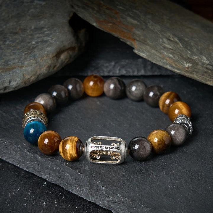 Buddha Stones, Silberglanz, Obsidian, Tigerauge, Om Mani Padme Hum, dreigesichtiger Buddha, positives Armband - image 1