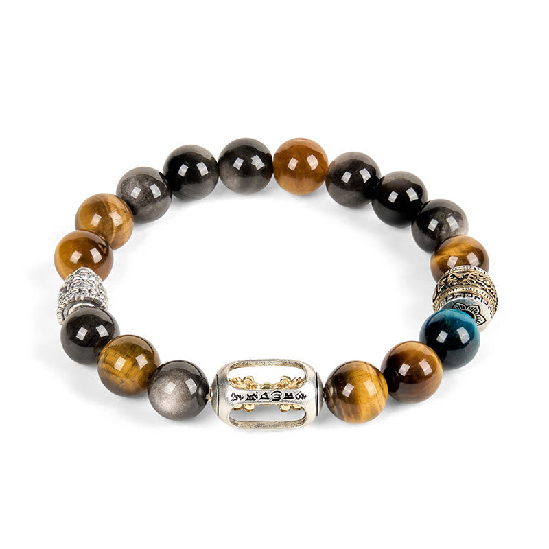 Buddha Stones, Silberglanz, Obsidian, Tigerauge, Om Mani Padme Hum, dreigesichtiger Buddha, positives Armband - image 5