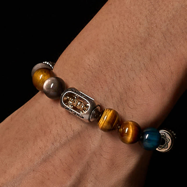 Buddha Stones, Silberglanz, Obsidian, Tigerauge, Om Mani Padme Hum, dreigesichtiger Buddha, positives Armband - image 3