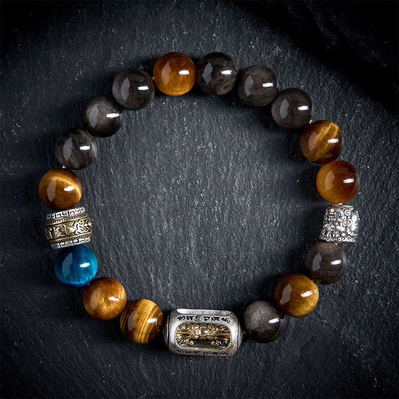 Buddha Stones, Silberglanz, Obsidian, Tigerauge, Om Mani Padme Hum, dreigesichtiger Buddha, positives Armband - 20 cm - image 0