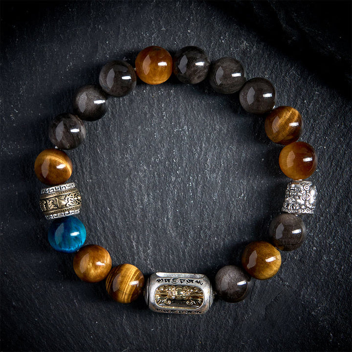 Buddha Stones, Silberglanz, Obsidian, Tigerauge, Om Mani Padme Hum, dreigesichtiger Buddha, positives Armband - 20 cm - image 0