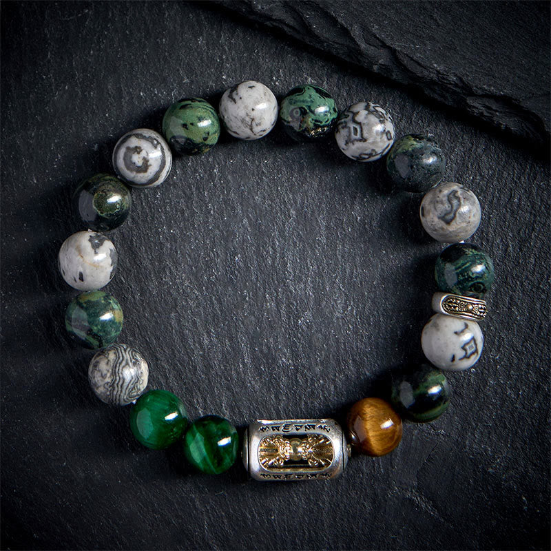 Buddha Stones, natürlicher grauer Jaspis, Kambamba-Jaspis, Tigerauge, Om Mani Padme Hum, Schutzarmband - image 1