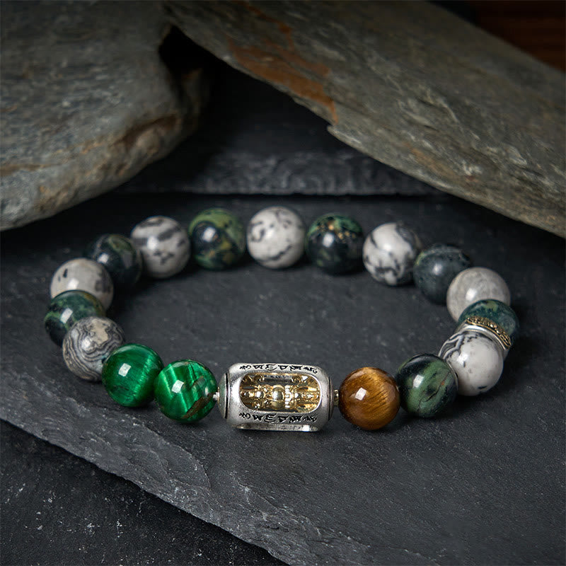 Buddha Stones, natürlicher grauer Jaspis, Kambamba-Jaspis, Tigerauge, Om Mani Padme Hum, Schutzarmband - 20 cm - image 0