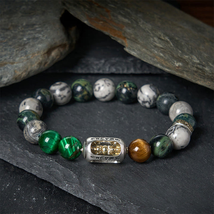 Buddha Stones, natürlicher grauer Jaspis, Kambamba-Jaspis, Tigerauge, Om Mani Padme Hum, Schutzarmband - 20 cm - image 0