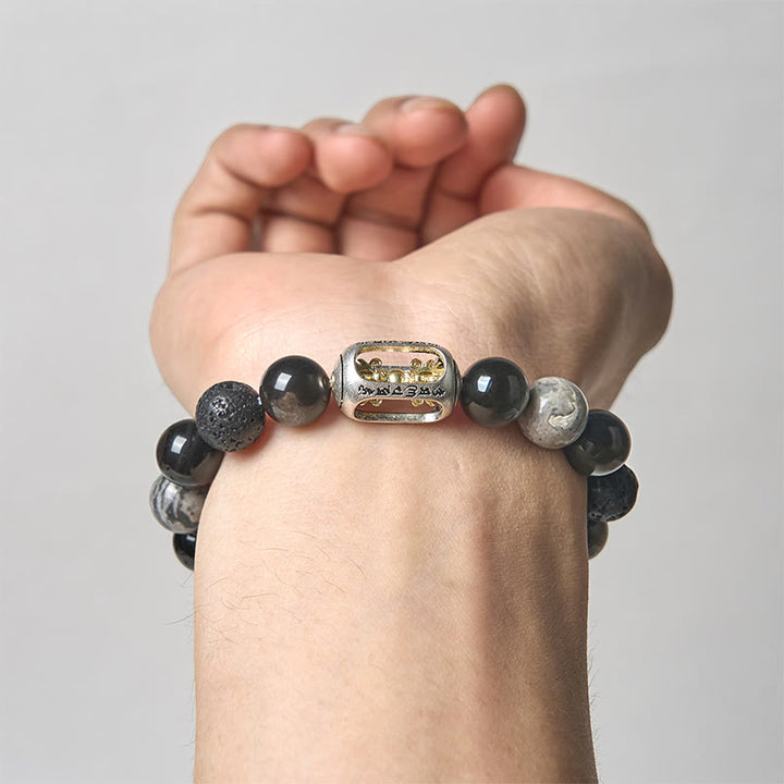 Buddha Stones, silberfarbener Obsidian, Lavagestein, grauer Jaspis, Om Mani Padme Hum Vajra, beruhigendes Armband - image 3