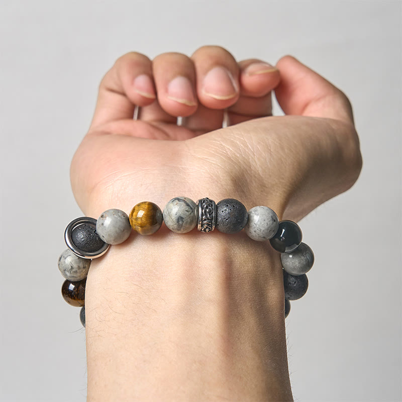 Buddha Stones Grauer Jaspis Lavastein Silberglanz Obsidian Tigerauge Heilarmband - image 3