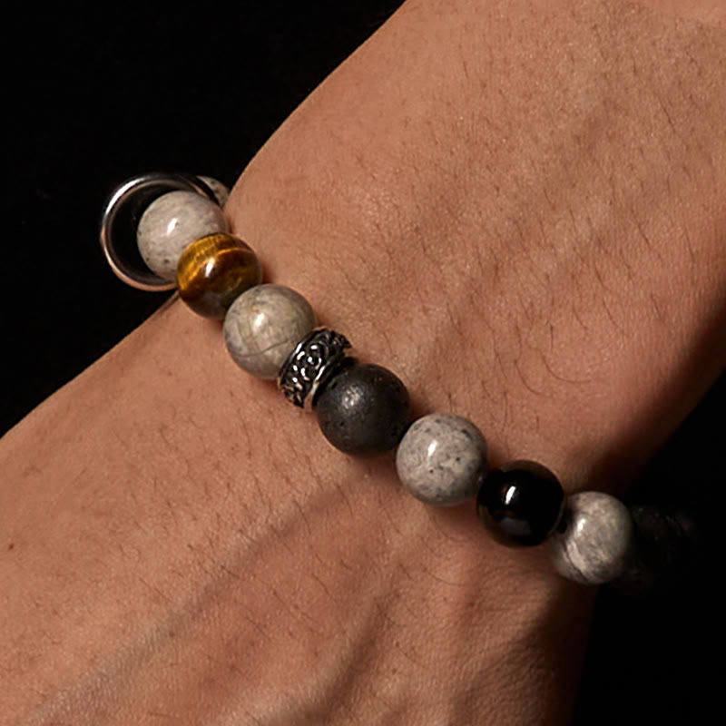 Buddha Stones Grauer Jaspis Lavastein Silberglanz Obsidian Tigerauge Heilarmband - image 2