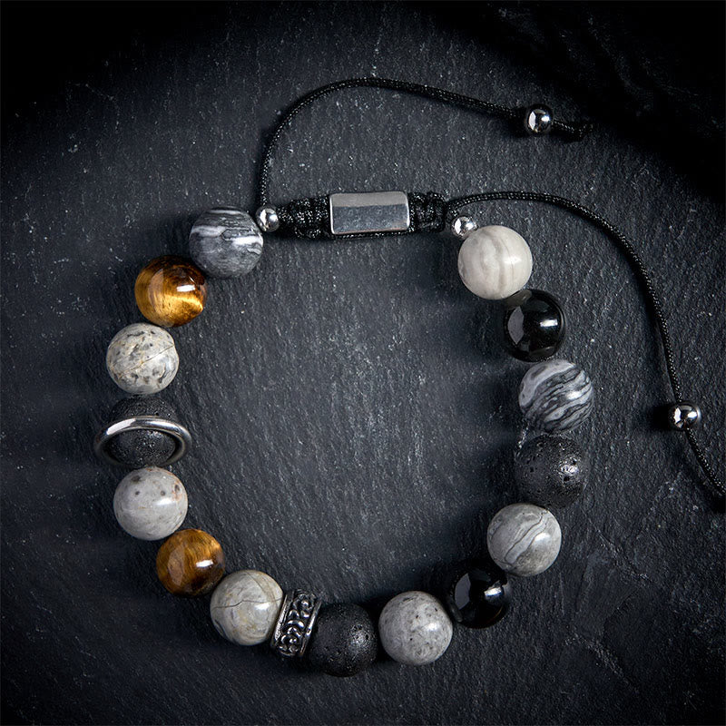 Buddha Stones Grauer Jaspis Lavastein Silberglanz Obsidian Tigerauge Heilarmband - image 1