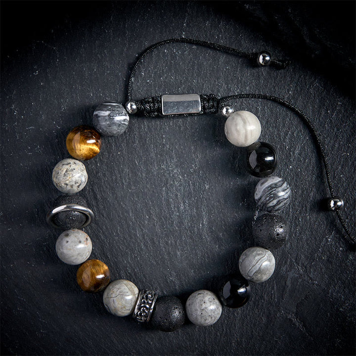 Buddha Stones Grauer Jaspis Lavastein Silberglanz Obsidian Tigerauge Heilarmband - image 1