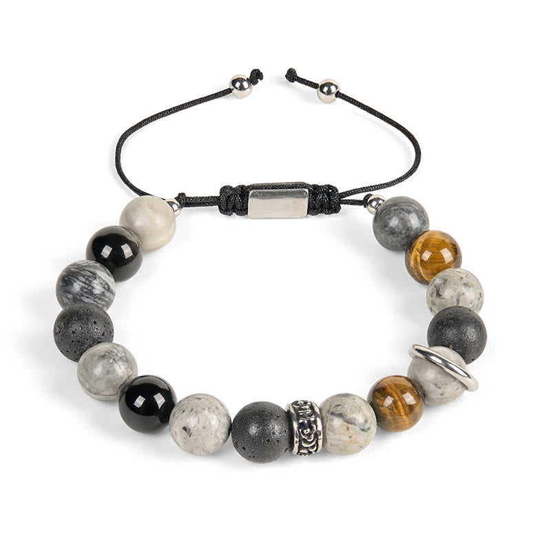 Buddha Stones Grauer Jaspis Lavastein Silberglanz Obsidian Tigerauge Heilarmband - image 4