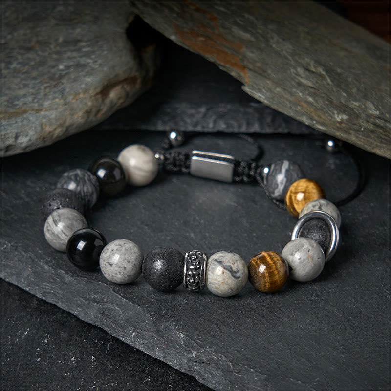 Buddha Stones Grauer Jaspis Lavastein Silberglanz Obsidian Tigerauge Heilarmband - Grauer Jaspis (Handgelenkumfang: 15–17 cm) - image 0