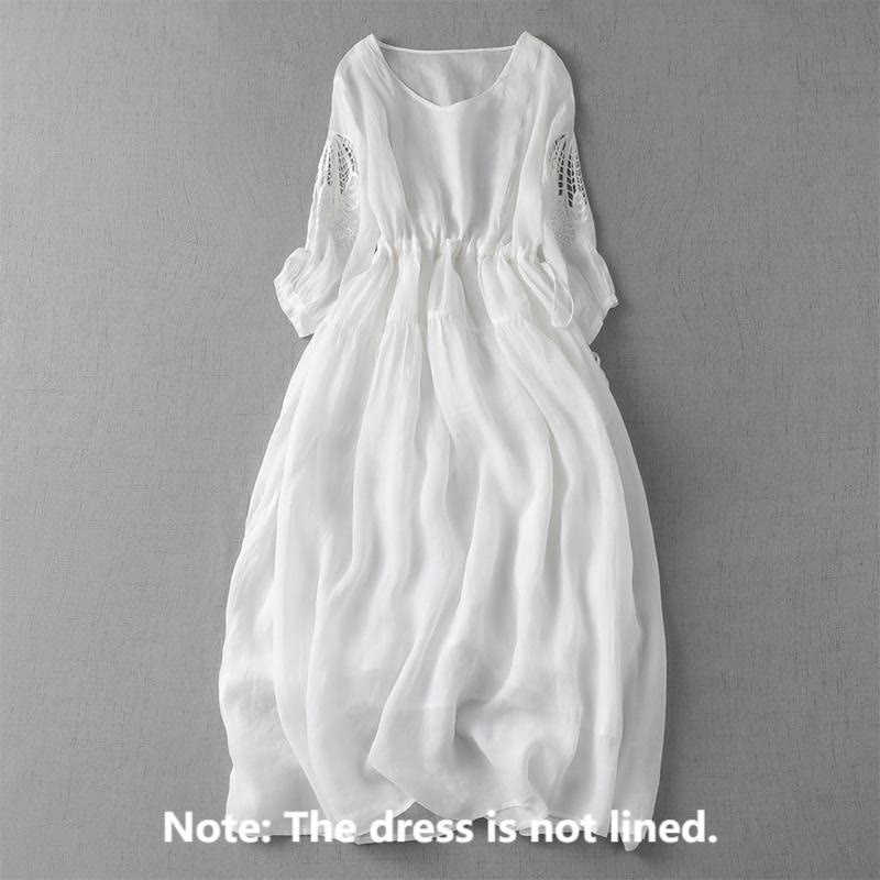 Buddha Stones Stickerei Patchwork Lange Puffärmel Kordelzug Midikleid mit Taschen - image 20